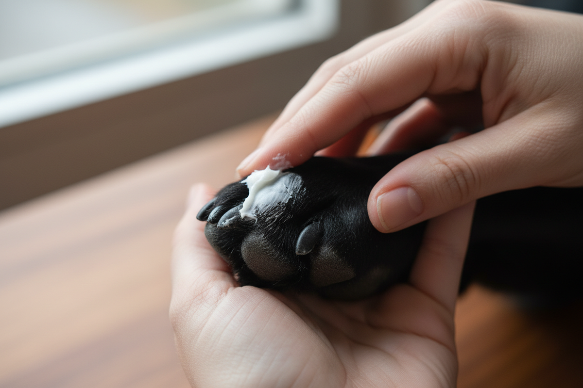 A close up of applying creme to the underside of a dogs paw, the dog paw is black